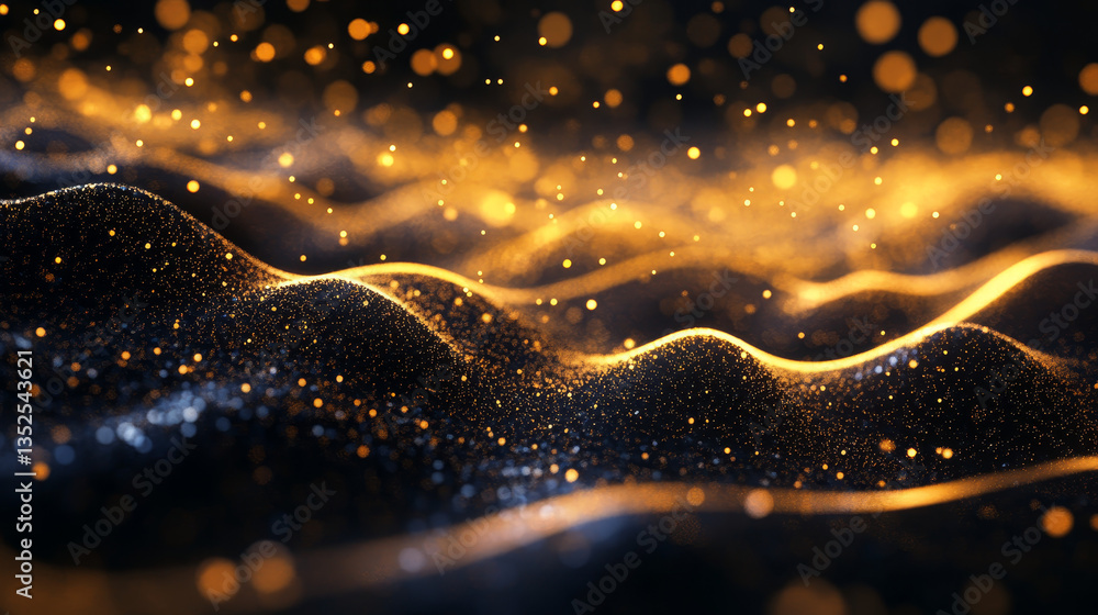 Poster abstract black and gold color digital particles wave with bokeh background
