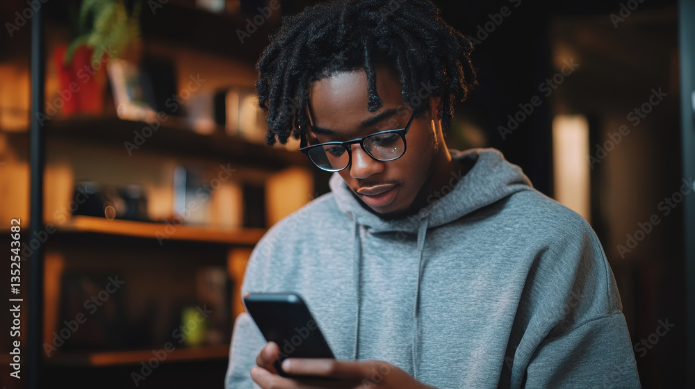 Poster young man accessing app or login to website on internet to conduct transactions via smartphone. digi