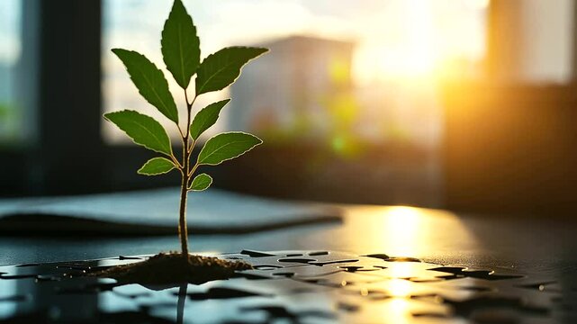 A time-lapse effect of a plant growing through puzzle pieces, showing the gradual yet inevitable integration of sustainability into business, technology, and society.