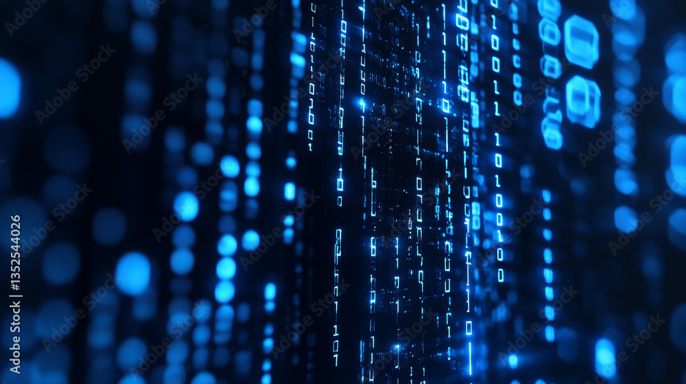 Poster cybersecurity data protection digital technology background has small fractal binary code with dark 