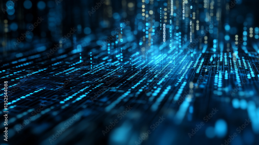 Poster cybersecurity data protection digital technology background has small fractal binary code with dark 