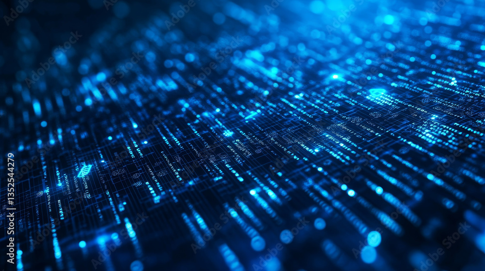 Poster cybersecurity data protection digital technology background has small fractal binary code with dark 