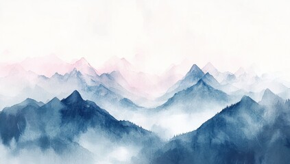 Fototapeta premium Misty blue and pink mountain range landscape.