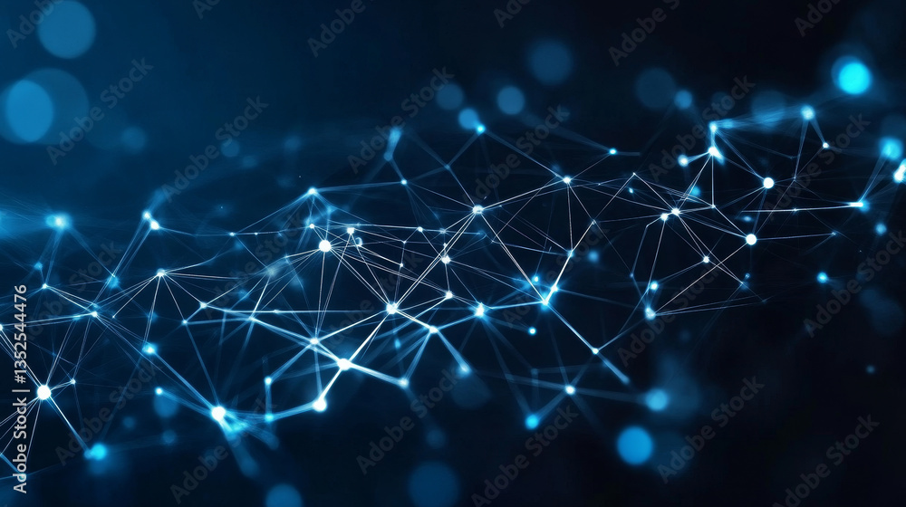 Poster abstract background of connecting lines and dots. with empty space on the side dark blue background.