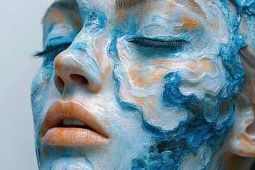 Woman's face painted with textured blue and orange patterns, eyes closed