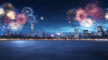 A nighttime cityscape featuring fireworks above, with a spacious square, road surface, and parking lot below, ideal for a car advertisement. The image showcases a modern commercial setting, capturing 