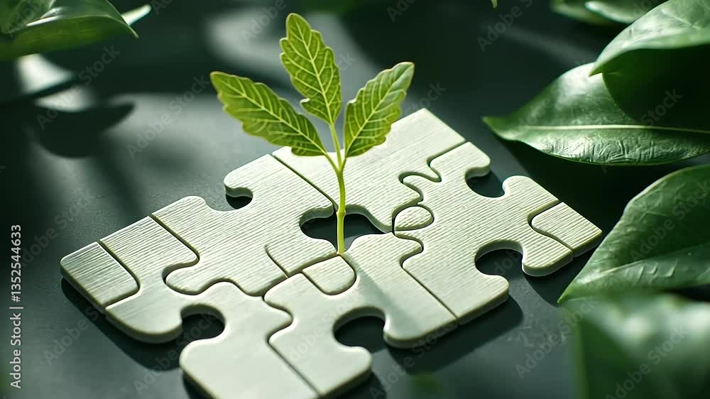 Poster an eco-themed puzzle where one missing piece is replaced by a sprouting plant, visually emphasizing 