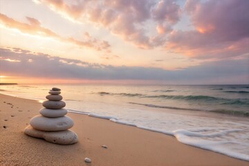 Fototapeta premium Serene Sunrise Beach Scene with Balanced Rocks