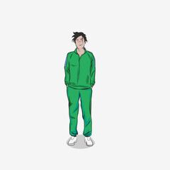 Young Man in Green Sportswear Standing Relaxed – Casual Character Illustration.