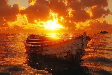 Wooden boat floats on shimmering ocean at sunset, orange sky above
