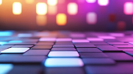 A vibrant, abstract background featuring colorful tiles and soft lighting effects.