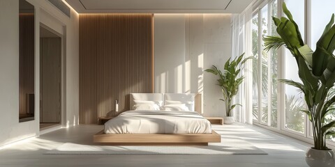 a modern bedroom with a large window and a bed 