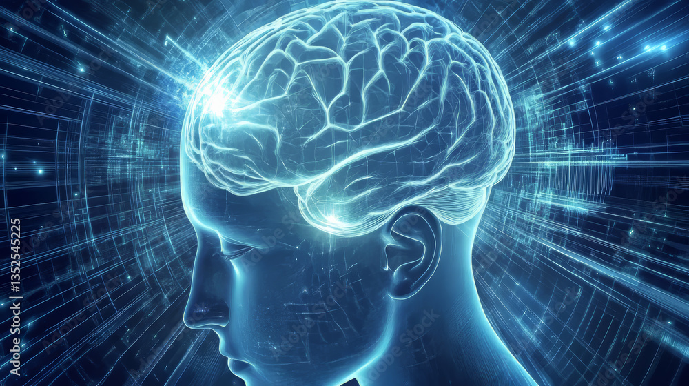 Poster futuristic cyber technology innovation, artificial intelligence concept, brain over the circuit boar