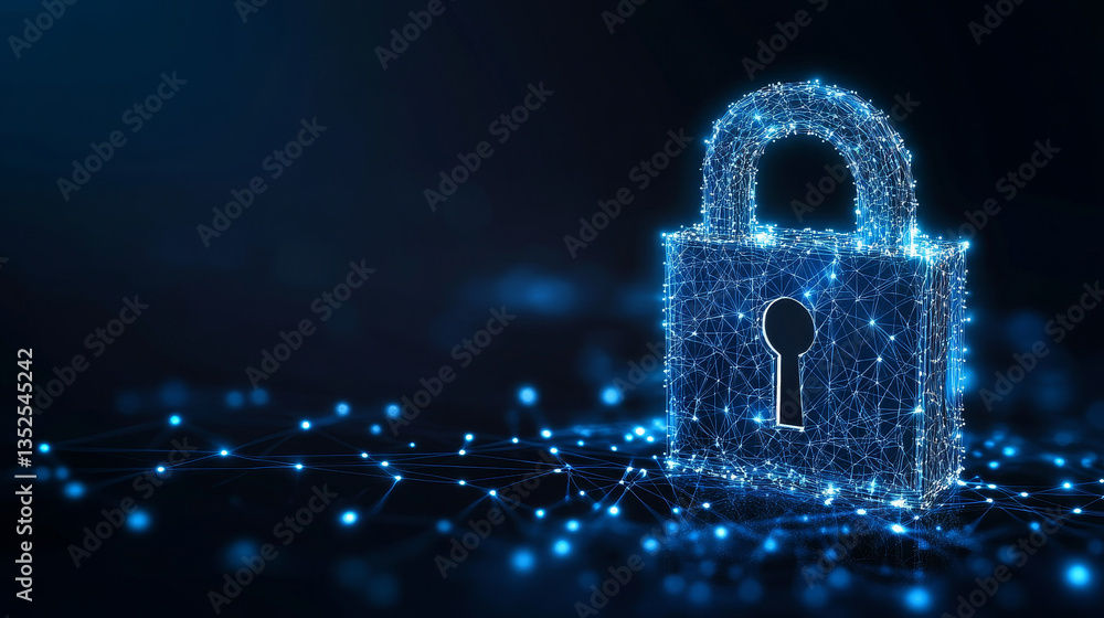 Poster cybersecurity and digital data protection technology concept background image. small padlock binary 
