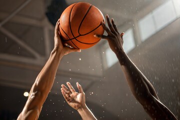 Two Athletes in Action High Above a Basketball Hoop