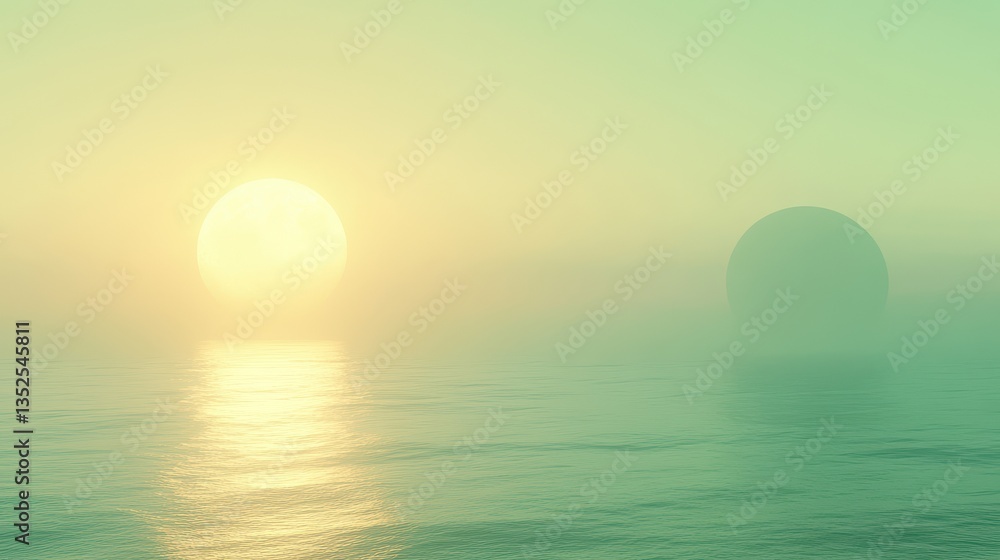 Poster two luminous spheres hovering over calm ocean waters with soft hues