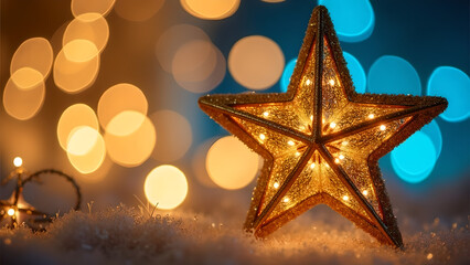 Sparkling Golden Christmas Star Ornament with Defocused Bokeh Background
