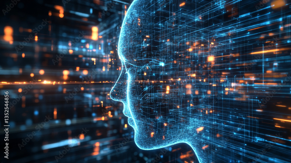 Poster artificial intelligence (ai) brain icon, big data flow analysis, deep learning modern technologies c