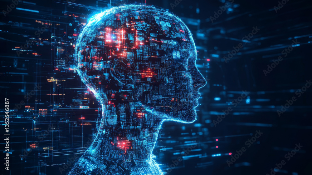 Poster artificial intelligence (ai) brain icon, big data flow analysis, deep learning modern technologies c