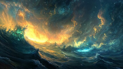 Abstract sea meets glowing sky fantasy