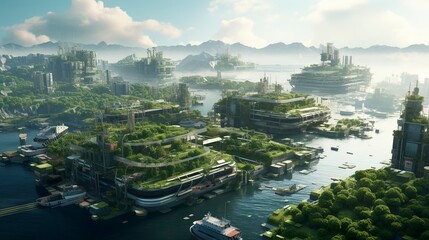 Fototapeta premium A photo of a sustainable shipping port with greenery