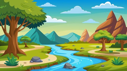Cartoon river landscape with trees background