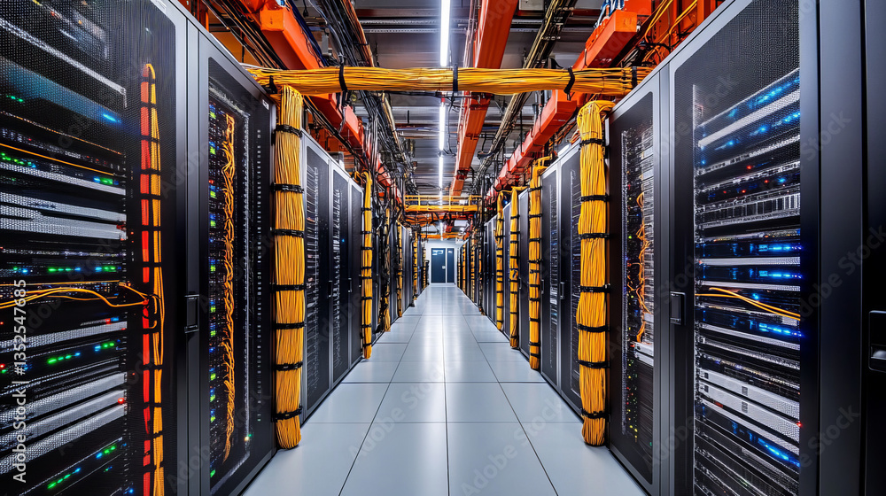 Poster digital data network in a server room of a data center. global 5g high speed internet connection and