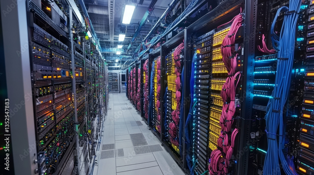 Poster digital data network in a server room of a data center. global 5g high speed internet connection and