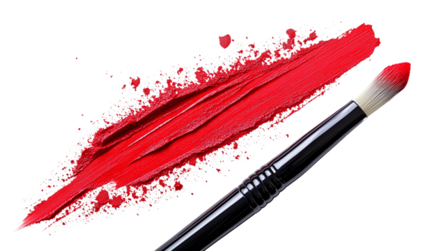 Flat lay of red paint brush with makeup smudge isolated on transparent background (4)