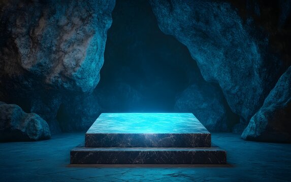 A 3D podium made of polished obsidian, glowing faintly under ambient blue lights in a dark, mystical cave