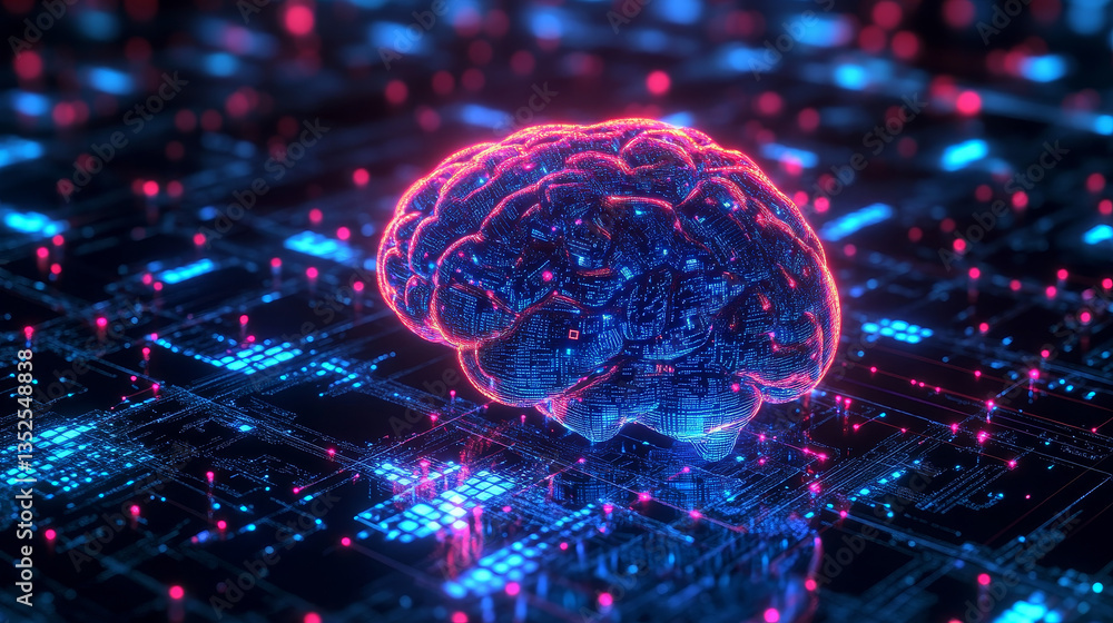 Poster artificial intelligence (ai) technology concept. big data collection connects with intelligent brain
