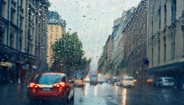 Gotas de agua en el cristal del parabrisas de un coche circulando por la ciudad bajo la lluvia