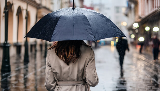 Una mujer caminando de espaldas bajo la lluvia por una calle de ciudad con un paraguas de color negro