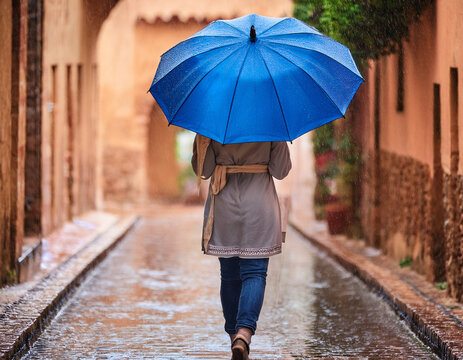Una mujer caminando de espaldas bajo la lluvia por una calle de ciudad con un paraguas de color azul