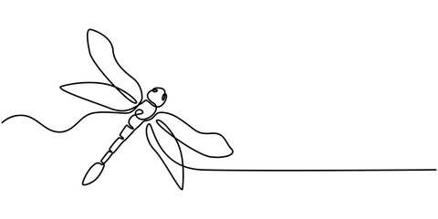 Dragonfly continuous one line art drawing of outline vector illustration, Dragonfly continuous one line drawing, Continuous one line drawing. Flying dragonfly logo. Black and white vector illustration