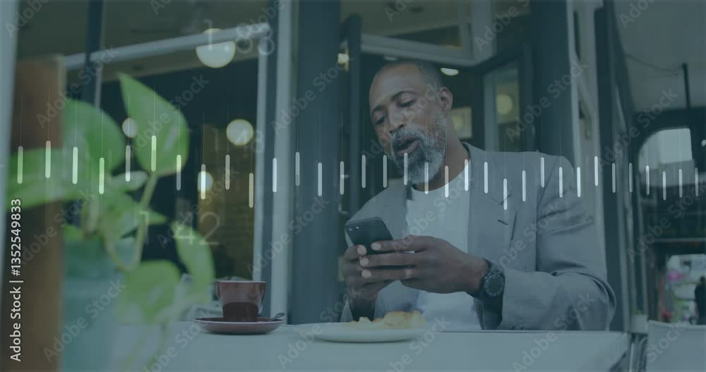 Aufkleber man using smartphone at cafe with data processing animation overlay