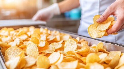 Freshly made crispy potato chips production line in food factory