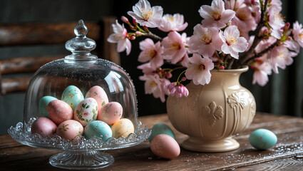 Delicate pastel Easter eggs nestled under a glass dome, beside a blossoming pink cherry branch in an elegant cream vase, a springtime still life.