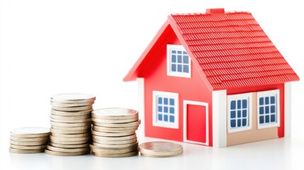 Small Red House Model Next to Stacked Coins Representing Real Estate Investment and Financial Growth