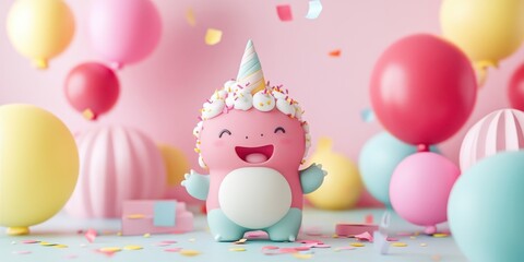 A joyful and celebratory cartoon character enjoying a delightful birthday party