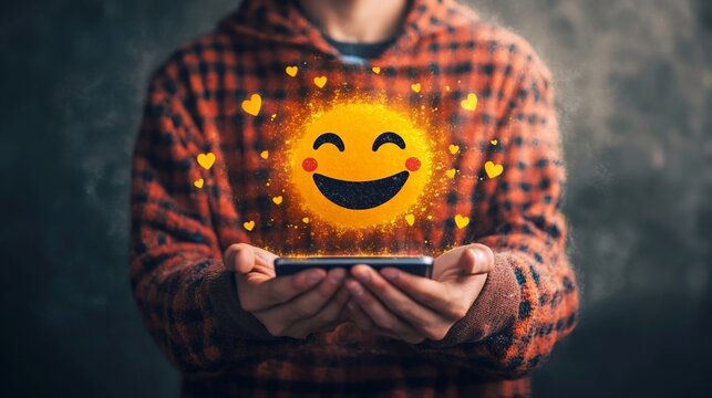 Happy teen holding phone, emoji glows, dark background, social media