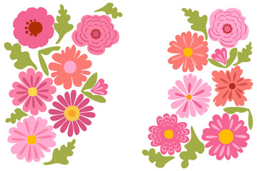 Wildflowers Elements Set. Colorful spring flowers. Hand drawn. Simple elements. Seamless pattern. White background. For holiday cards, prints, wrapping paper, decorations, Easter, stickers, print.