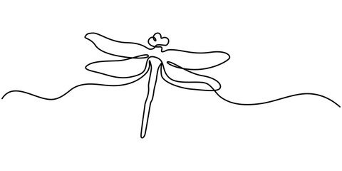 Dragonfly continuous one line art drawing of outline vector illustration, Dragonfly continuous one line drawing, Continuous one line drawing. Flying dragonfly logo. Black and white vector illustration