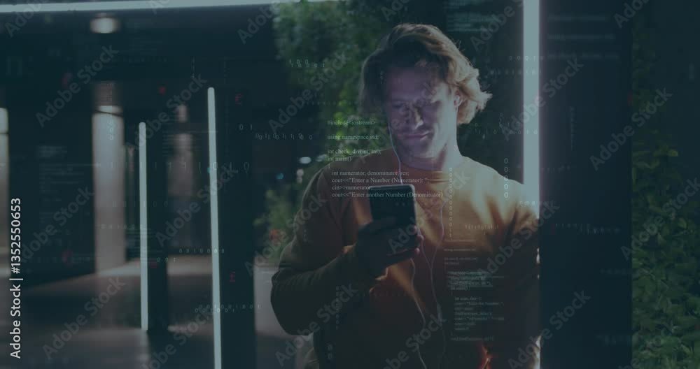 Poster smiling man using smartphone with digital code animation overlaying scene
