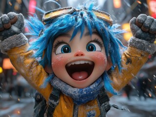 Young girl celebrates a snowy day with joy, bundled up warmly