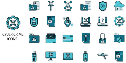 Cyber Crime simple concept 24 color icons set. Contains such computer crime, threats, computer hacker .Vector illustration.