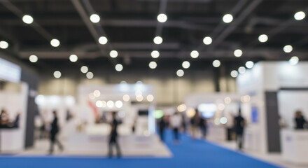 Blurred Background of Busy Trade Show or Convention Center with Attendees and Exhibit Booths