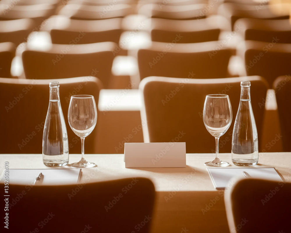 Poster empty conference table setting with two wine glasses, water bottles, blank notepad and pen, showcasi