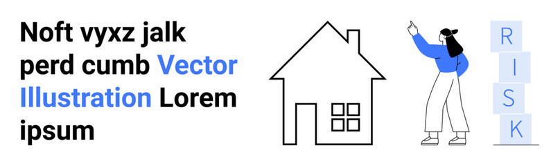 Woman gesturing at vertical risk blocks beside a simple house outline. Ideal for home safety, property risk, awareness, decision-making, education, insurance, simple landing page