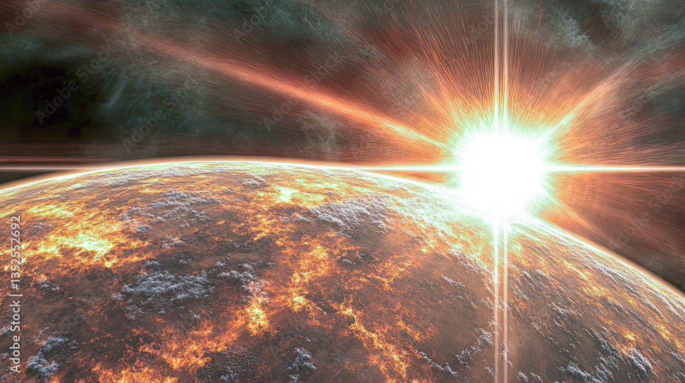 Poster stunning celestial event showcases planet alignment with radiant sun illuminating cosmic landscape